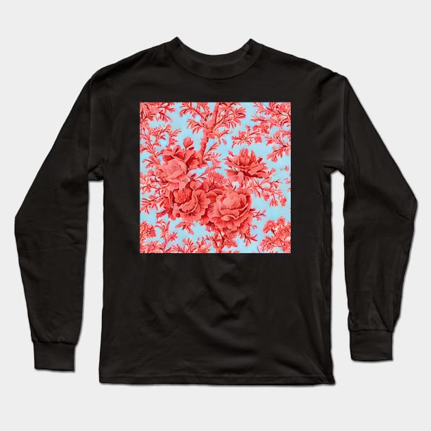 Coral flowers on sky blue toile Long Sleeve T-Shirt by SophieClimaArt
